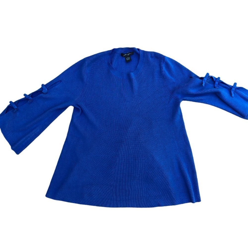 FAITH OF ZOE Ribbed Bow Sleeve Sweater Women's LARGE Blue Rayon Nylon Top Blouse